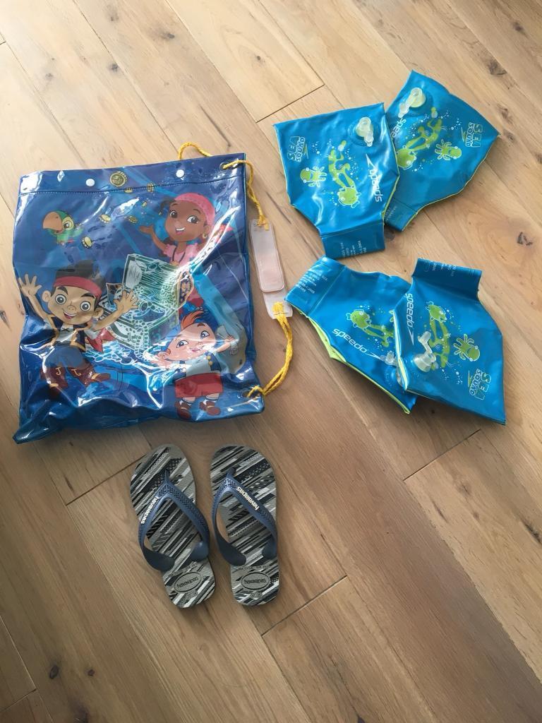 SALE Boy swim bag, Havaiana flip flops size 10-11, 2 pairs speedo armbands