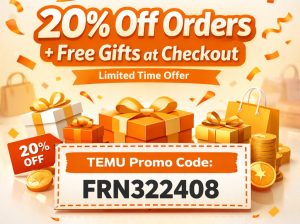 20% off your Temu order plus free gifts at checkout for a li